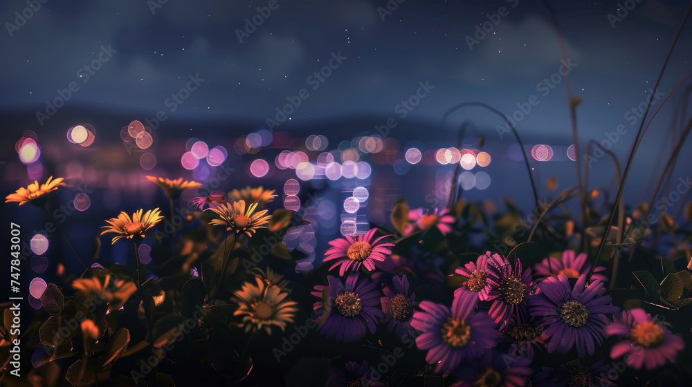 Flowers on night city background. Beautiful bouquet. Bokeh effect. Nature background. Flowers on night city background. Beautiful bouquet. Bokeh effect. Nature background.