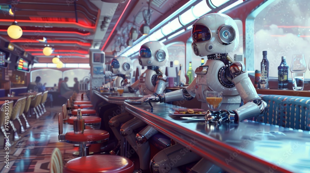 A group of robots engage in what appears to be a social gathering inside a diner that boasts a retro-futuristic design, complete with neon lights and vintage decor.