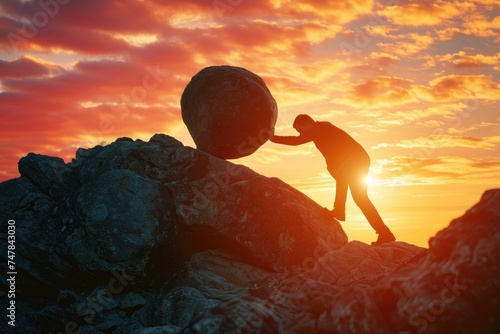 Person Pushing Large Rock Up Steep Mountain Slope, Silhouette of a businessman pushing a boulder uphill symbolizing struggle in business, AI Generated