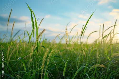 Green wheat field under blue sky with sunlight. Agriculture and environment.