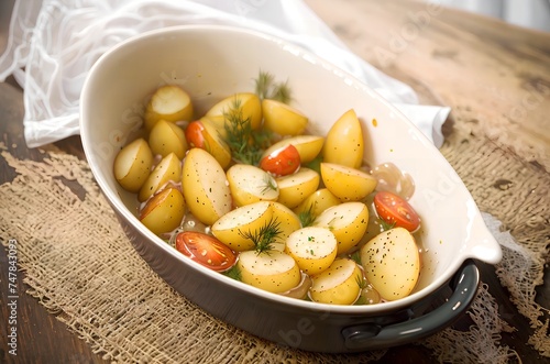 baked potatoes with vegetables and spices in a ceramic form.