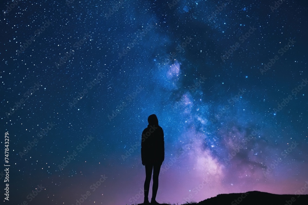 A person stands on a hill, gazing upward at the night sky filled with twinkling stars, Silhouette of a solitary person standing against a starry night sky, AI Generated A person stands on a hill, gazing upward at the night sky filled with twinkling stars, Silhouette of a solitary person standing against a starry night sky, AI Generated