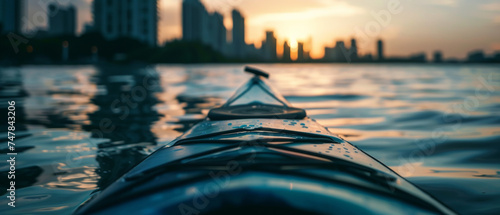 Serene kayak journey in an urban waterway at twilight. © Ai Studio