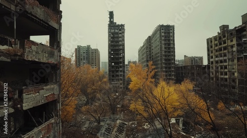 Decaying urban apartment buildings stand silent among autumn-colored trees, capturing a haunting contrast of life and abandonment.