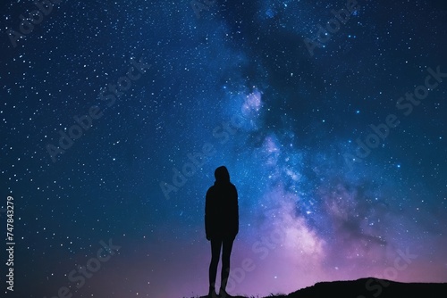 A person stands on a hill, gazing upward at the night sky filled with twinkling stars, Silhouette of a solitary person standing against a starry night sky, AI Generated © Iftikhar alam