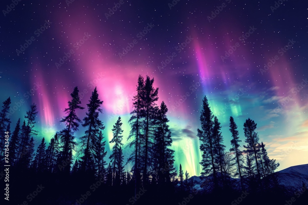 The vibrant colors of the aurora borealis illuminate the night sky above a dense forest, Silhouetted trees against a brilliant, multi-hued northern lights inspired sky, AI Generated