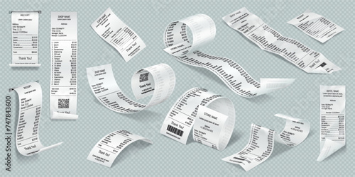 Payment paper checks realistic vector illustration set. Bills for purchases in store. Financial papers 3d elements on transparent background
