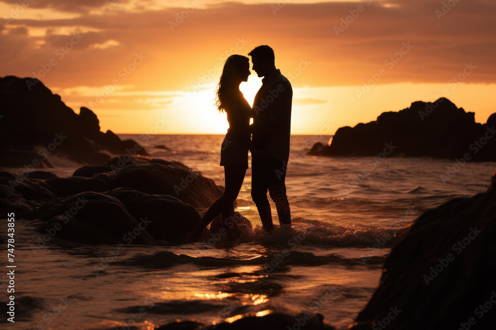 Romantic couple silhouette against sunset on beach. Love and relationships.