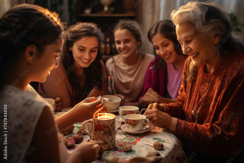 Generational family of women enjoying teatime together. Family bonding.