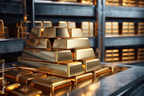 A photo of a bunch of gold bars stacked on top of each other, creating a solid and shimmering wall of wealth, Silver and gold bars stacked in a bank vault for wealth concept, AI Generated photo