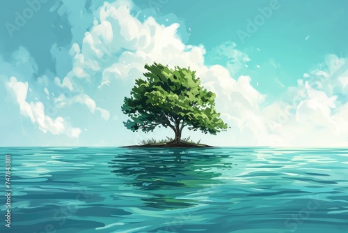 A detailed painting showcasing a lone tree situated on a remote island surrounded by the vast ocean  Simple illustration of a small island surrounded by water  AI Generated