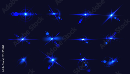 Brilliant blue stars flashes realistic vector illustration set. Fantastic glare in darkness. Cosmic light bursts 3d elements on dark background