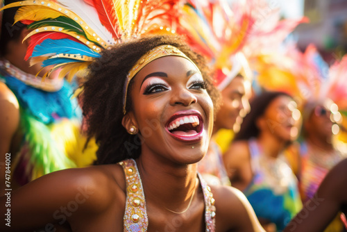 Joyful woman wearing vibrant carnival costume celebrates at festival. Cultural festivity.