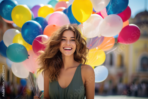 Joyful woman holding colorful balloons outdoors. Celebration and happiness.