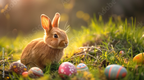 Easter bunny sitting surrounded painted Easter eggs and spring flowers in meadow. space for text