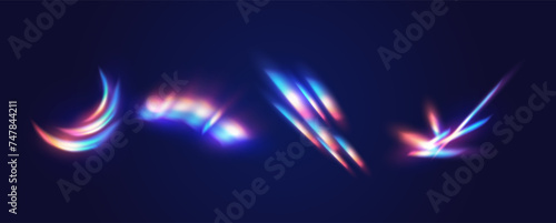 Abstract rainbow light flashes realistic vector illustration set. Glaring effect of refraction 3d elements on black background. Cosmic sparks template photo