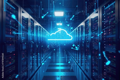 Hallway With Rows of Servers and Blue Cloud, Simulate the concept of infinite storage in cloud systems, AI Generated
