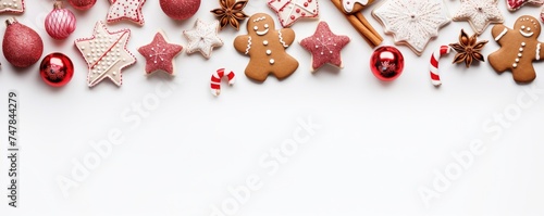 Beautiful Christmas decoration with amazing gingerbread cookies. Merry christmas theme. Christmas greeting card over white background, top view. Flat lay with copy space for xmas greetings.