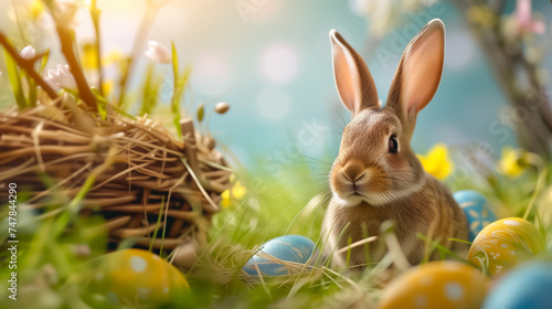 Easter bunny sitting surrounded painted Easter eggs and spring flowers in meadow. space for text