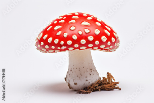 Vibrant red and white spotted toadstool mushroom on white background. Natural beauty and toxicology.