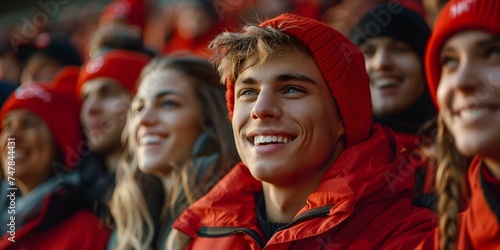 Joyful fans in the stadium dressed in Red clothing selective focus. Concept Sports, Stadium, Fans, Red Clothing, Selective Focus