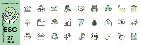 Set of colorful line icons related to ESG, environment, social, governance, ecology. Vector illustration. Editable stroke.