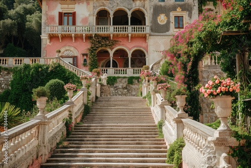 Grand Building Adorned With Flowers on the Steps, Sixteenth-century castle complete with a grand staircase as the background for a fairy-tale wedding, AI Generated