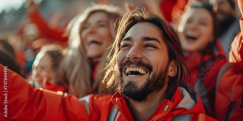 Cheerful Red-Clad Fans in Stadium Selective Focus. Concept Sports Fans, Red Clothing, Stadium Environment, Selective Focus, Cheerful Expressions
