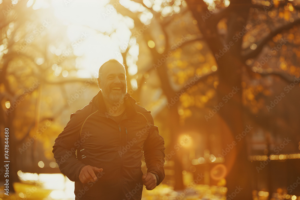 Middle-aged man joyfully jogs through sunlit city park. Copy space