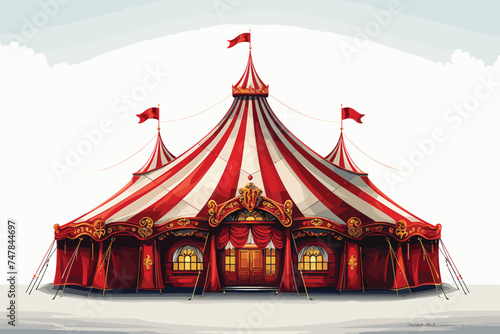 Big Top Circus Tents With Banner/ Illustration of cartoon white and red big top circus tents background with marquee or banner on a blue sky background