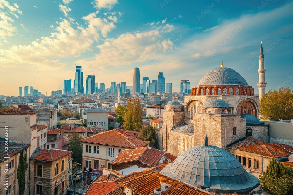 Obraz premium A photo of a city skyline featuring a prominent church in the foreground, creating a striking contrast, Skyline of a historic city with ancient and modern architectures, AI Generated