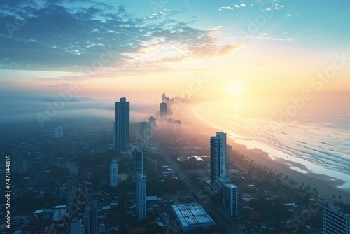 An aerial photograph captures the citys skyline with towering skyscrapers juxtaposed against the vast expanse of the ocean, Skyline view of a coastal city during a sunrise, AI Generated