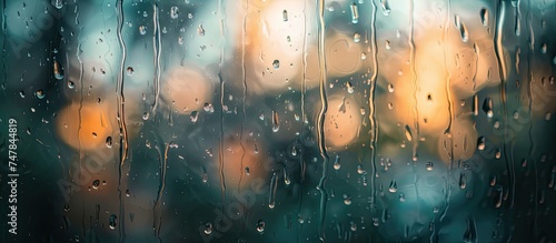 Water droplets from rain have collected on a window, creating a blurred and defocused surface. The droplets distort the view through the window, reflecting light and shadow.