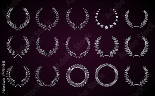Silver laurel winner wreaths realistic vector illustration set. Classic victory garland element 3d models on dark background. Efforts reward