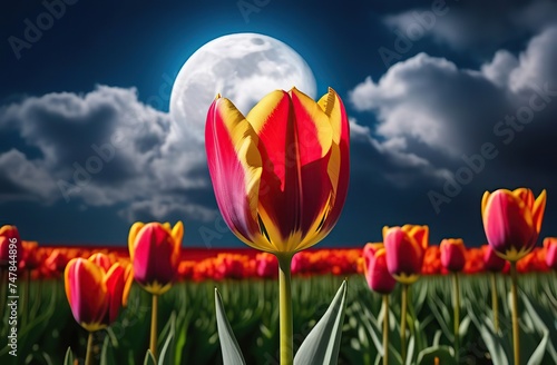 fool moon tulip with clouds. international women's day, mother's day, march 8, flowers, bouquet of tulips, fields of flowers