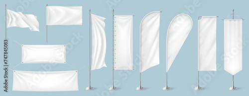 White blank textile desktop check box flags realistic vector illustration set. Fabric advertising banners of various shapes 3d models on blue background