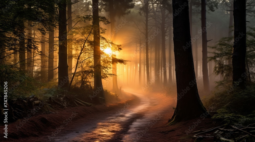 Naklejka premium Mystical Sunrise in Enchanting Dorset Woods, UK | Canon RF 50mm f/1.2L USM