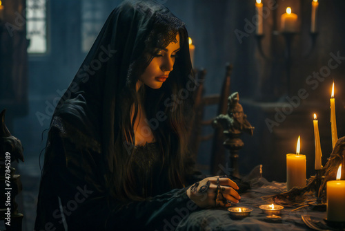 A young woman dressed in black in a dark gothic setup