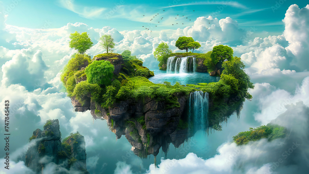 A beautiful green isle floating among clouds - obrazy, fototapety, plakaty 