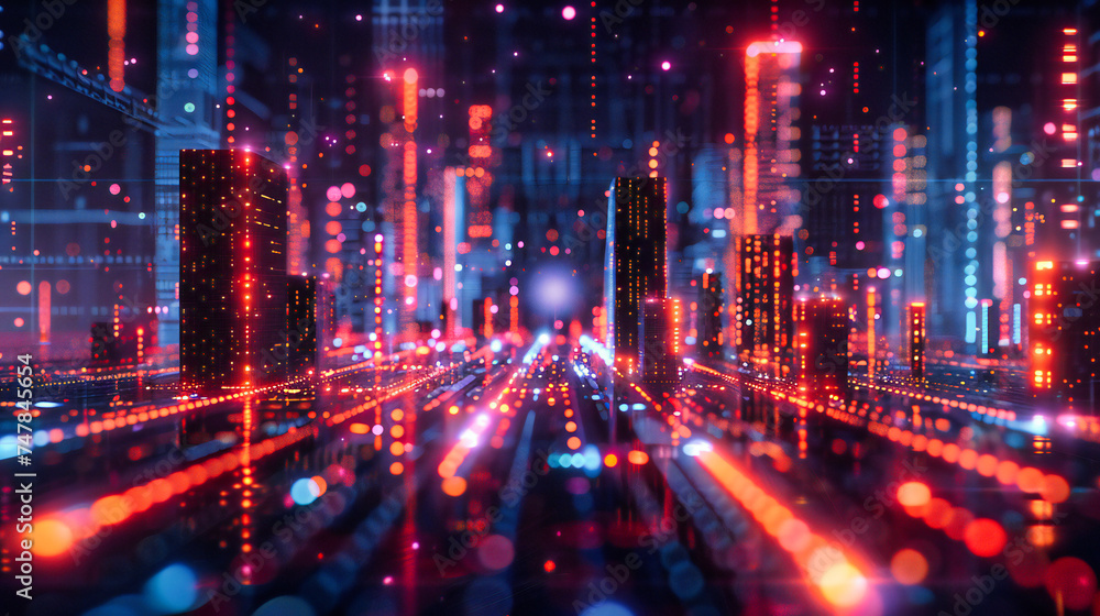 Fototapeta premium Blue Futuristic Network: Abstract Technology and Cityscape, Modern Digital Connection and Speed, Night Life Energy