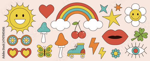Groovy retro icon set in 60s, 70s hippie style. Cartoon daisy flower, rainbow, sunglasses, mushroom, heart, star, cherry, lips, eye, clover, sun, roll. Trendy psychedelic. Pink background.