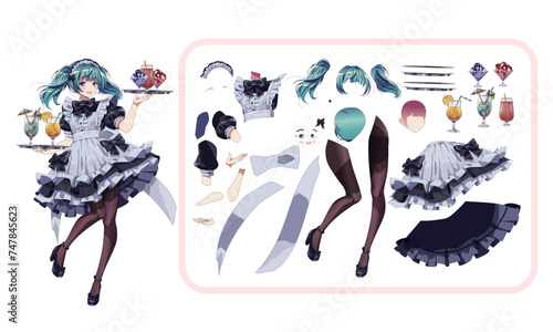 Anime girl from maid cafe color vector character for animation. Manga woman in uniform carrying drinks and desserts near clothes elements kit