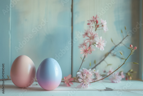 Easter card with pastel color Easter eggs with flowers on lavender color wall background. free space