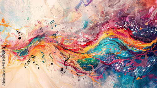 Show musical notes flowing from an instrument  transforming into colorful waves of sound and creativity.