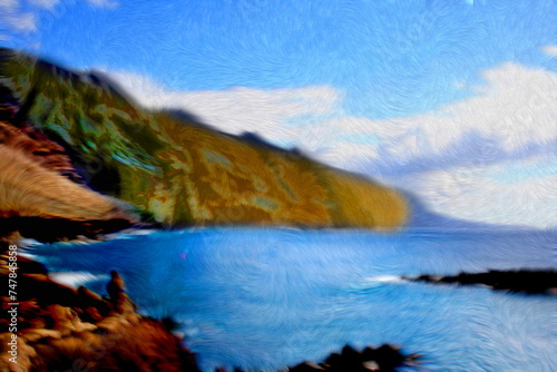 Photo painting, illustrated photo, with relief oil painting effect, view of Los Gigantes cliffs, Tenerife, Canary Islands, Spain,