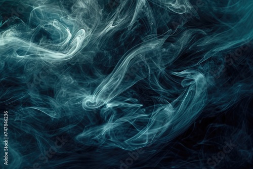 This photo showcases a captivating texture of blue and white smoke against a black background, Smoky swirls of dark teal and navy, invoking mystery and intrigue, AI Generated
