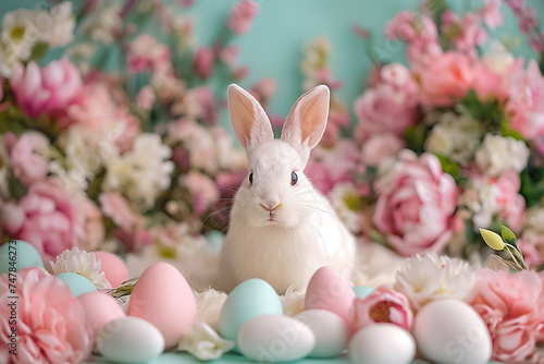 Easter bunny sitting surrounded painted Easter eggs and spring flowers decoration . space for text