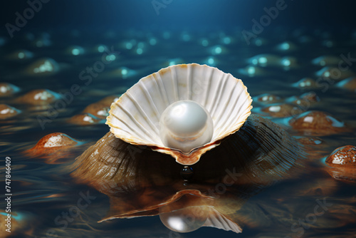 Pearl in an oyster shell underwater on the seabed.