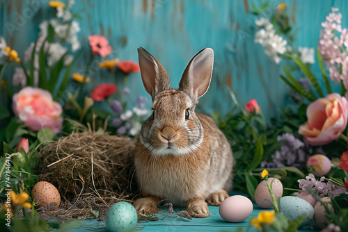 Easter bunny sitting surrounded painted Easter eggs and spring flowers decoration . space for text