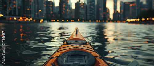 Kayak adventure through tranquil city waters at golden hour. © Ai Studio